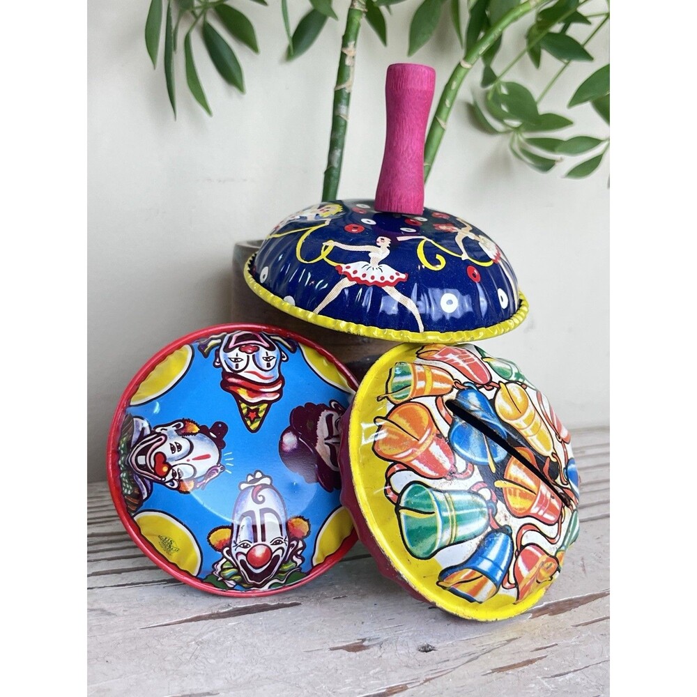 Vintage Rare Tin And Wood Variety Noisemakers Clowns, Bells & Dancers Nostalgia